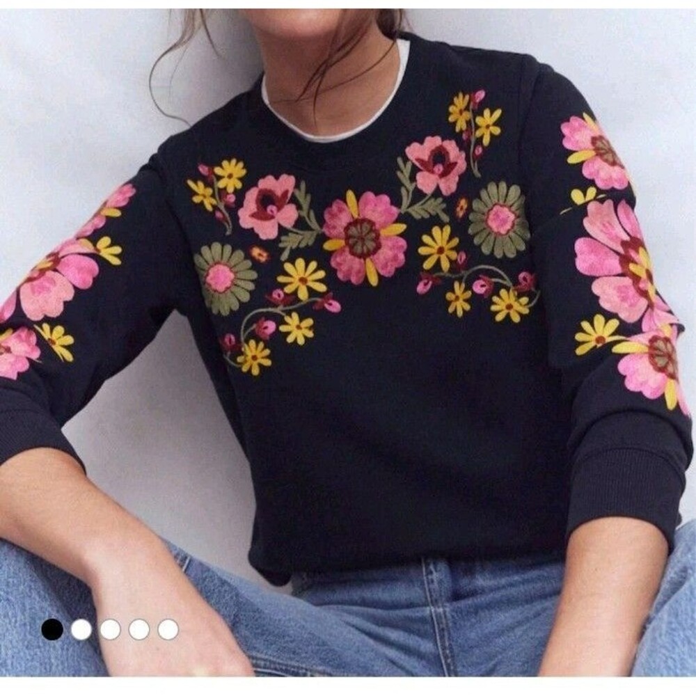 Boden Hannah Embroidered Floral Crewneck Sweatshirt Blue Women’s XL Boho